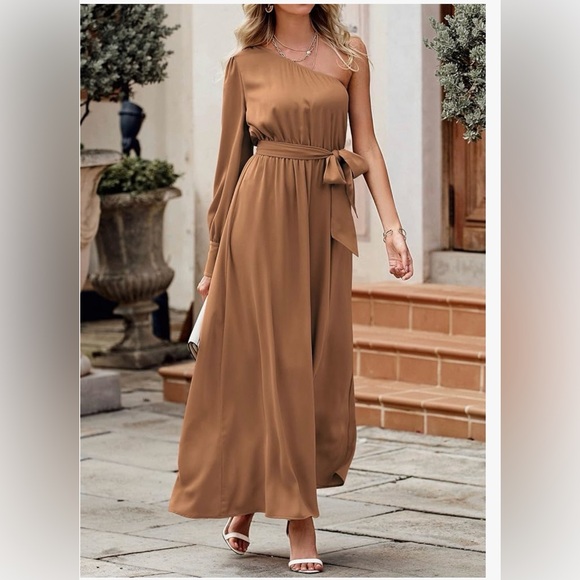 kirundo Dresses & Skirts - NEW Kirundo M Brown Asymetrical Long Sleeve One Shoulder Silky Maxi Dress